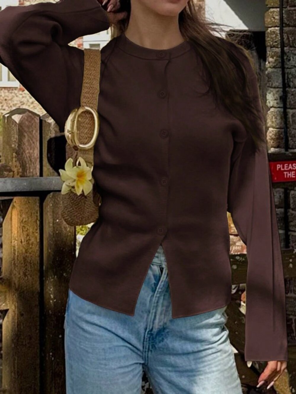 Brown Casual Women's  Long Sleeve Button DesignCardigan Sweater - Picture 9 of 11